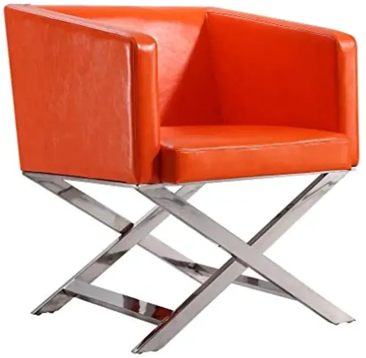 Manhattan Comfort Hollywood Lounge Accent Chair Set of 1, Faux Leather Upholstered Armchair with Polished Chrome Finish, Modern Design, Hand-Welded X-Shaped Legs, Fully Assembled, Set of 1, Orange