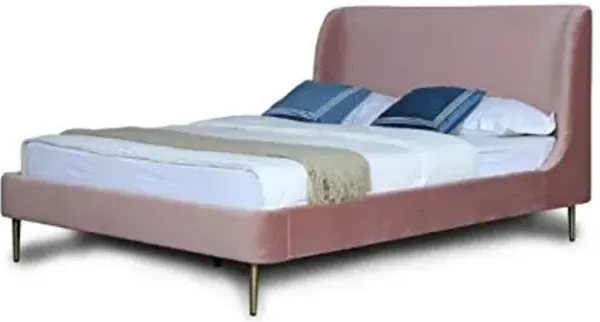 Manhattan Comfort Heather Queen Bed Frame with Headboard Upholstered in Velvet with Mid-Century Modern Tapered Black Legs, Slats and Center Support Included, No Box Spring Required, Blush