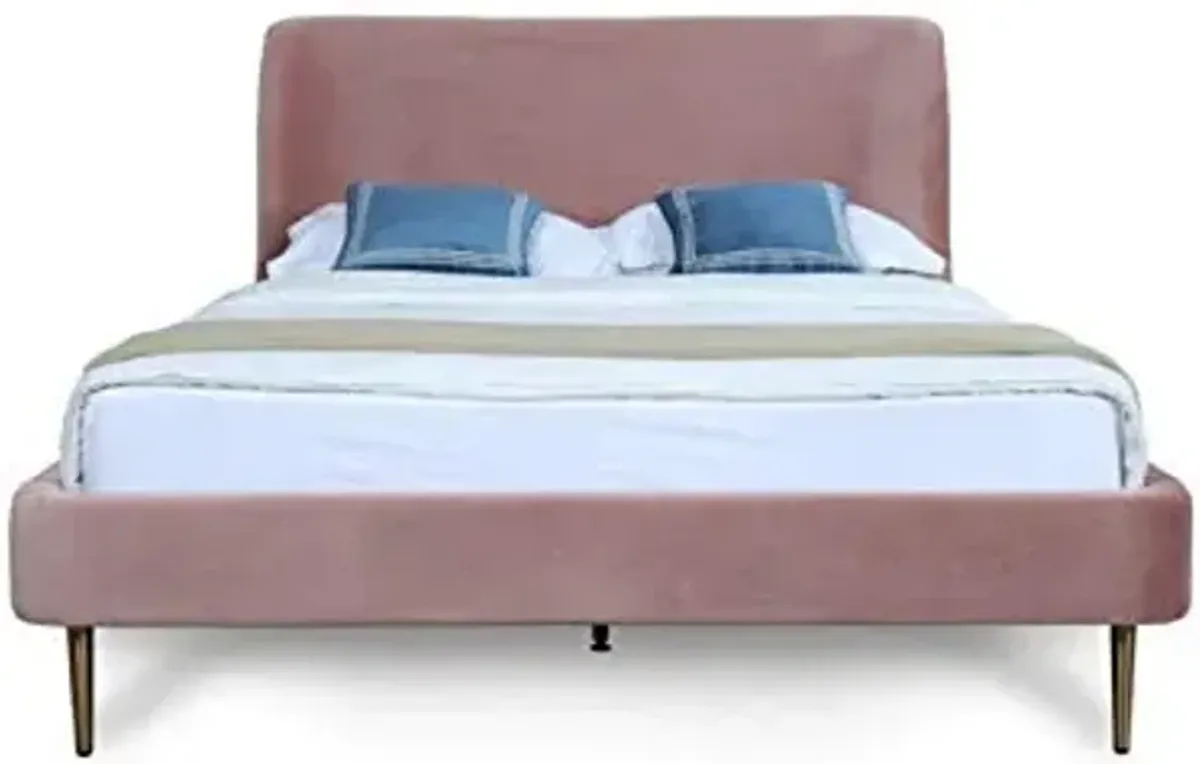 Manhattan Comfort Heather Full Size Bed Frame with Headboard Upholstered in Velvet with Mid-Century Modern Tapered Black Legs, Slats and Center Support Included, No Box Spring Required, Blush