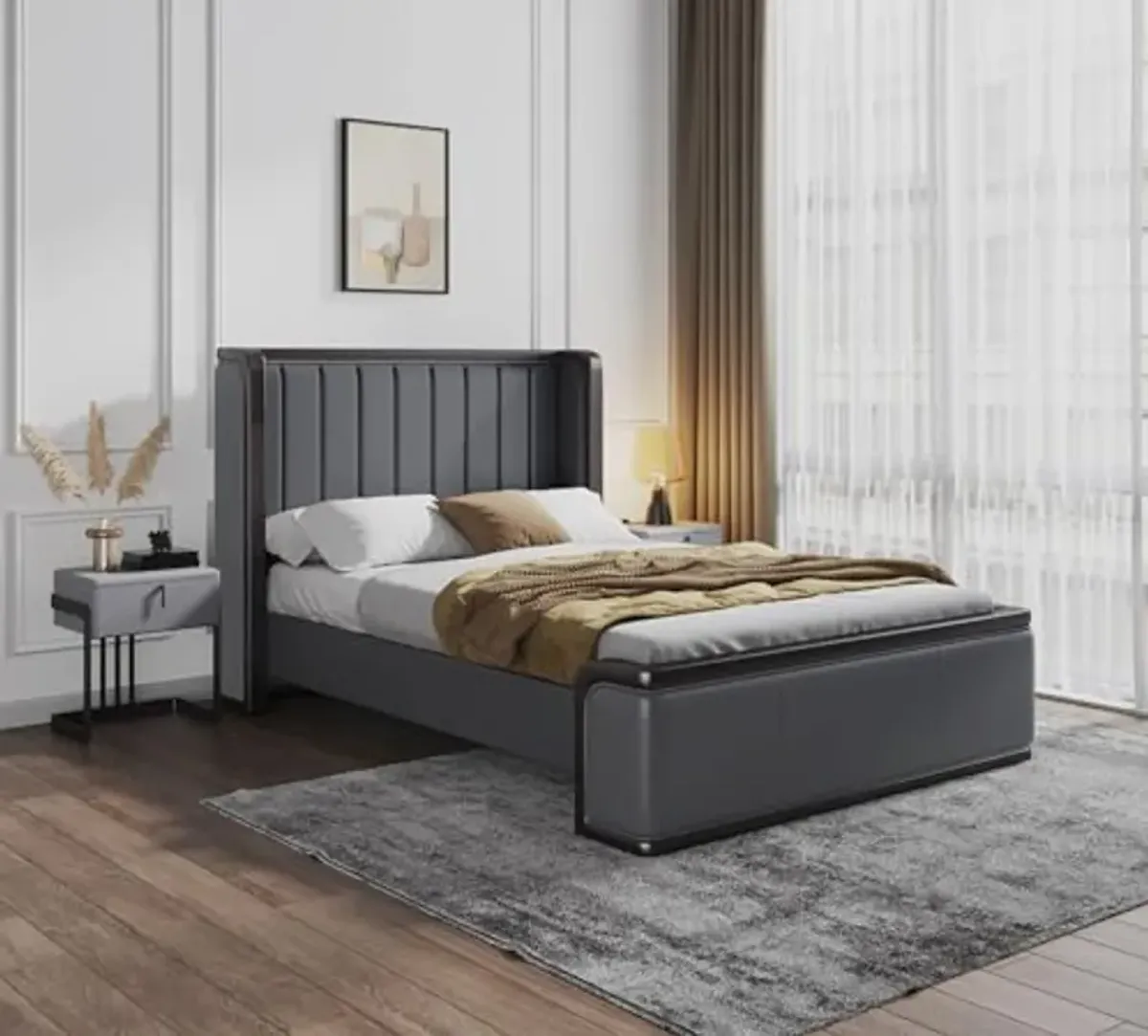 Manhattan Comfort Kingdom Mid Century Modern Bed Frame with Faux Leather Wingback Headboard, Full, Graphite