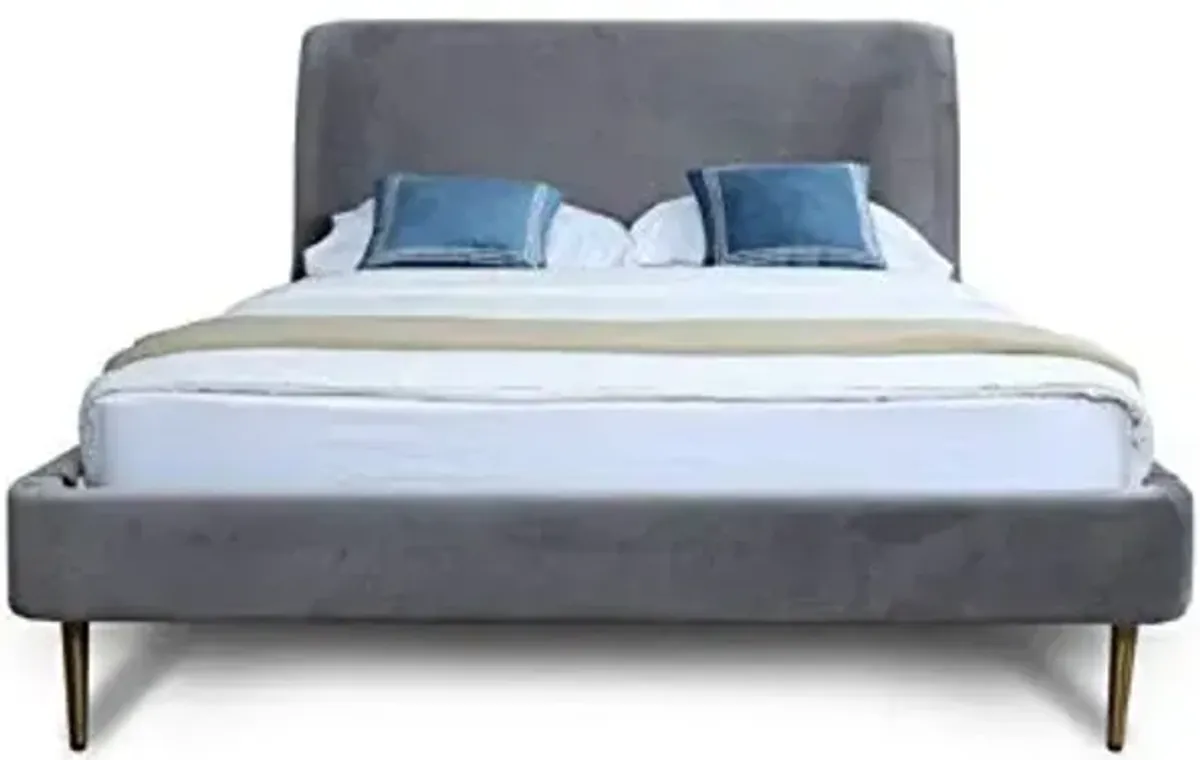 Manhattan Comfort Heather Full Size Bed Frame with Headboard Upholstered in Velvet with Mid-Century Modern Tapered Black Legs, Slats and Center Support Included, No Box Spring Required, Grey