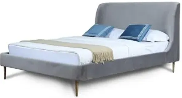 Manhattan Comfort Heather Full Size Bed Frame with Headboard Upholstered in Velvet with Mid-Century Modern Tapered Black Legs, Slats and Center Support Included, No Box Spring Required, Grey