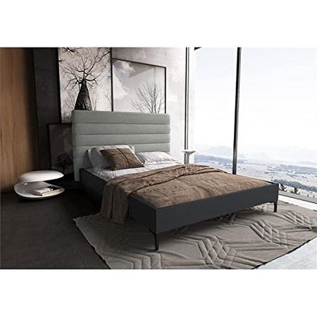 Manhattan Comfort Schwamm Mid Century Modern Bed Frame with Fabric Upholstered Headboard and Footboard, Queen, Light Grey