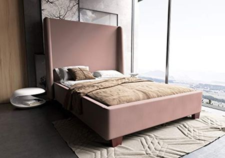 Manhattan Comfort Parlay Mid Century Modern Bed Frame with Velvet Upholstered Headboard, Full, Blush Pink