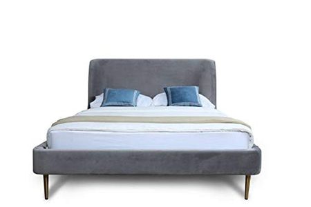 Manhattan Comfort Heather Mid Century Modern Bed Frame with Velvet Upholstered Headboard and Footboard, Queen, Grey