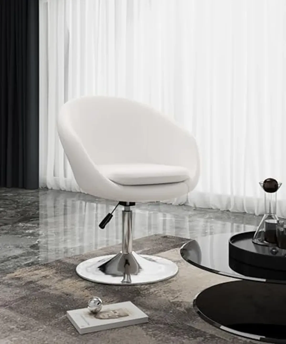 Manhattan Comfort Hopper Adjustable Swivel Accent Chair with 360° Turn, Upholstered Seat, Polished Chrome Base, Modern Bowl Design for Home Office and Living Room, White