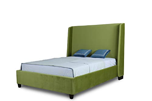 Manhattan Comfort Parlay Mid Century Modern Bed Frame with Velvet Upholstered Headboard, Queen, Pine Green