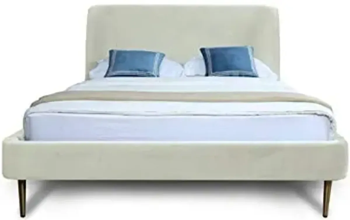 Manhattan Comfort Heather Full Size Bed Frame with Headboard Upholstered in Velvet with Mid-Century Modern Tapered Black Legs, Slats and Center Support Included, No Box Spring Required, Cream