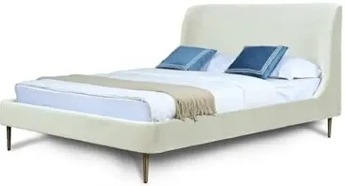 Manhattan Comfort Heather Full Size Bed Frame with Headboard Upholstered in Velvet with Mid-Century Modern Tapered Black Legs, Slats and Center Support Included, No Box Spring Required, Cream