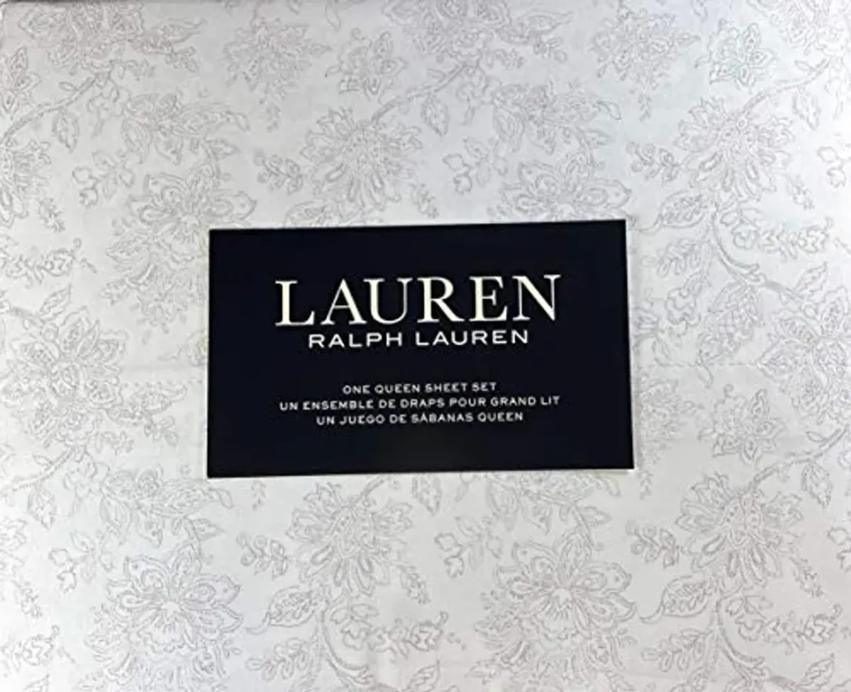 Ralph Lauren Toile Floral Queen Sheet Set Light Gray and White Cotton