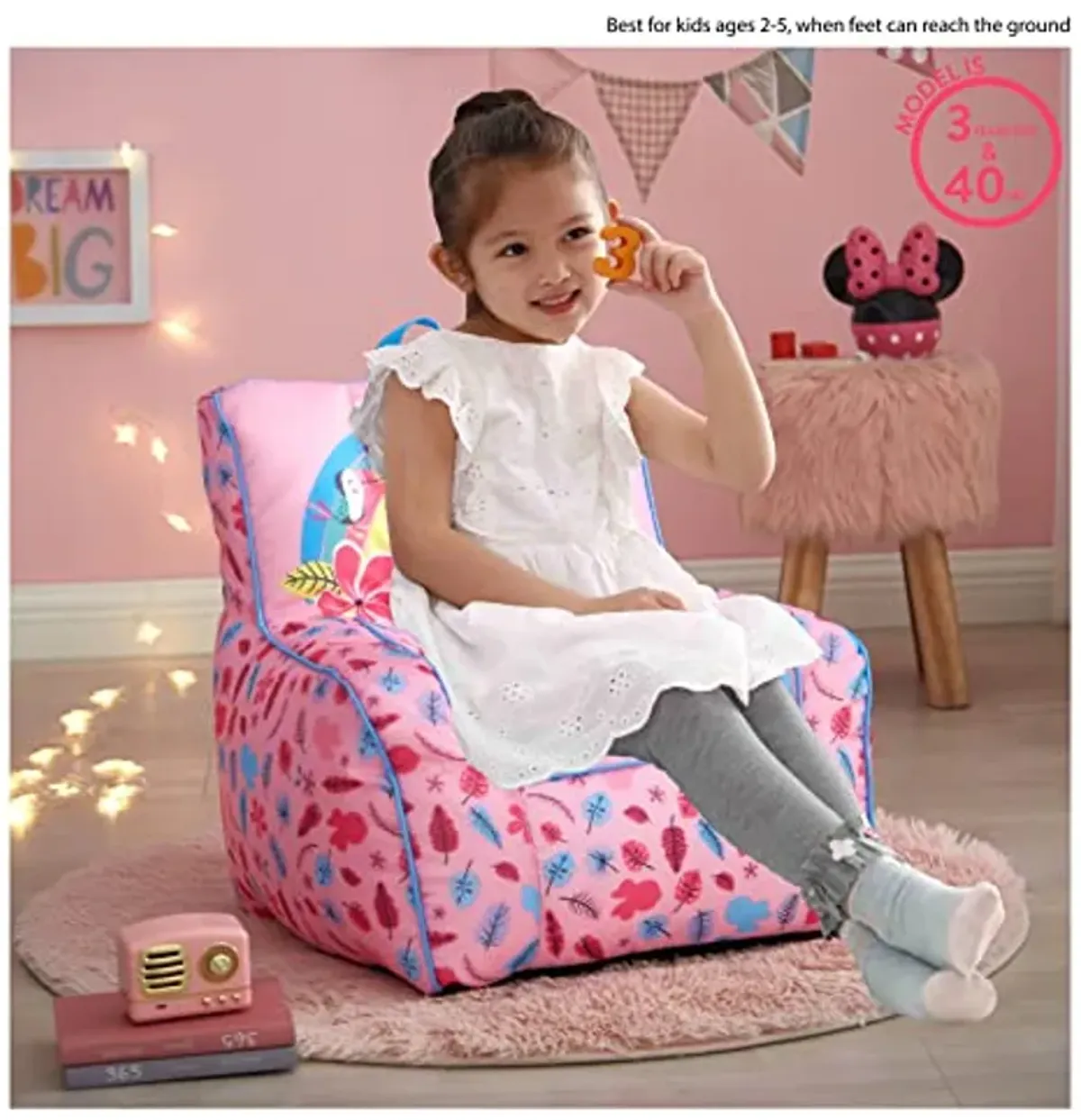 Idea Nuova Disney Minnie Mouse Toddler Nylon Bean Bag Chair with Piping & Top Carry Handle, Large