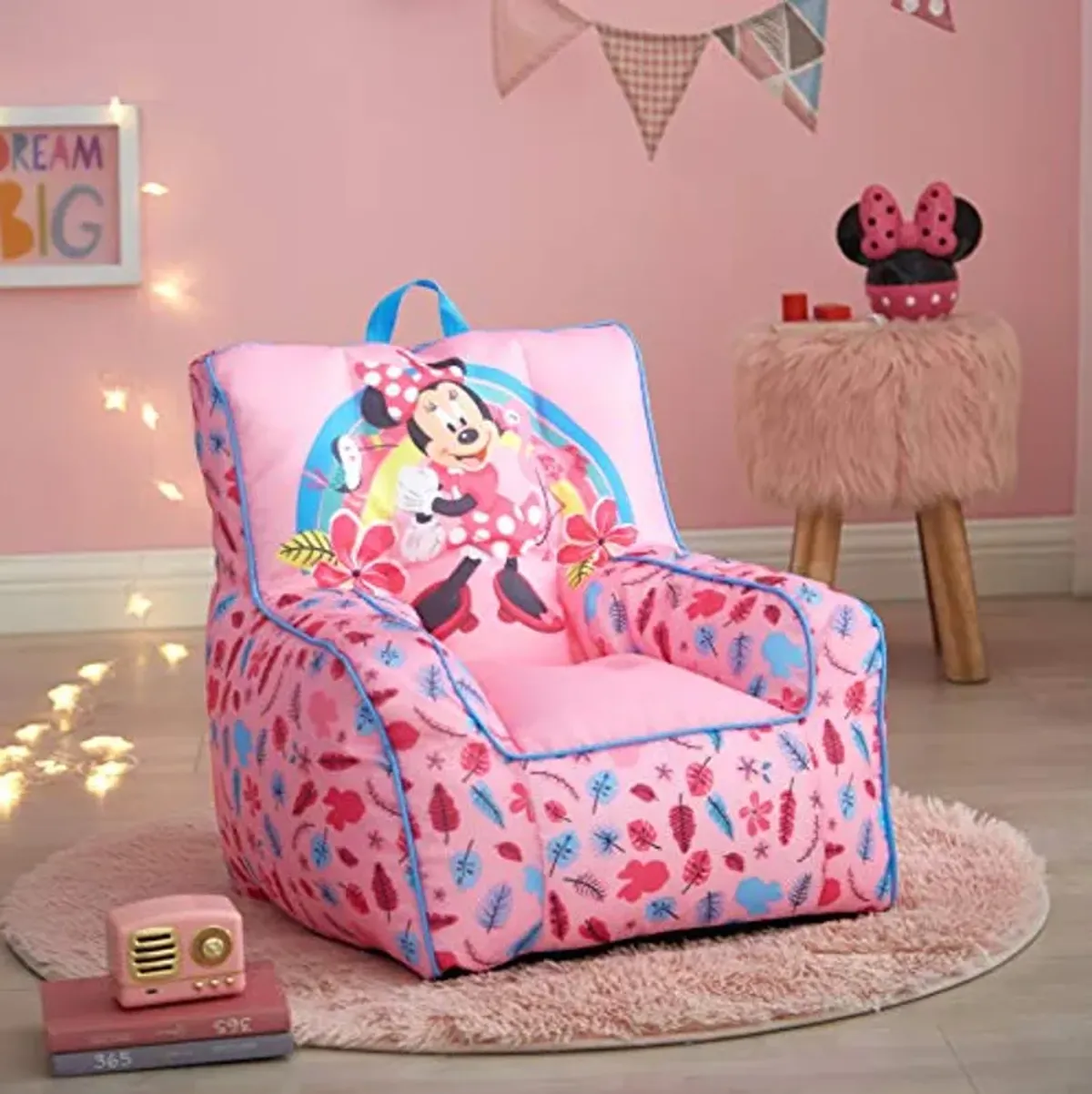 Idea Nuova Disney Minnie Mouse Toddler Nylon Bean Bag Chair with Piping & Top Carry Handle, Large