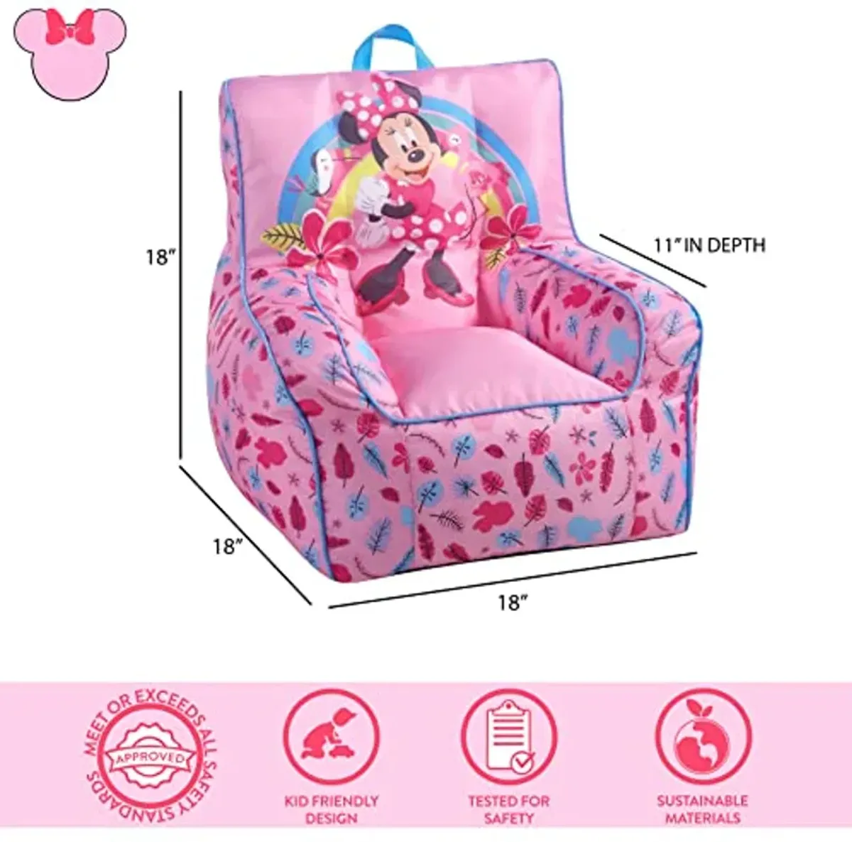 Idea Nuova Disney Minnie Mouse Toddler Nylon Bean Bag Chair with Piping & Top Carry Handle, Large