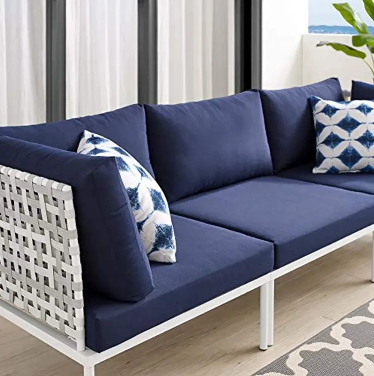 Modway EEI-4965-TAU-NAV Harmony Sunbrella Basket Weave Taupe Navy Outdoor Patio Aluminum Sofa