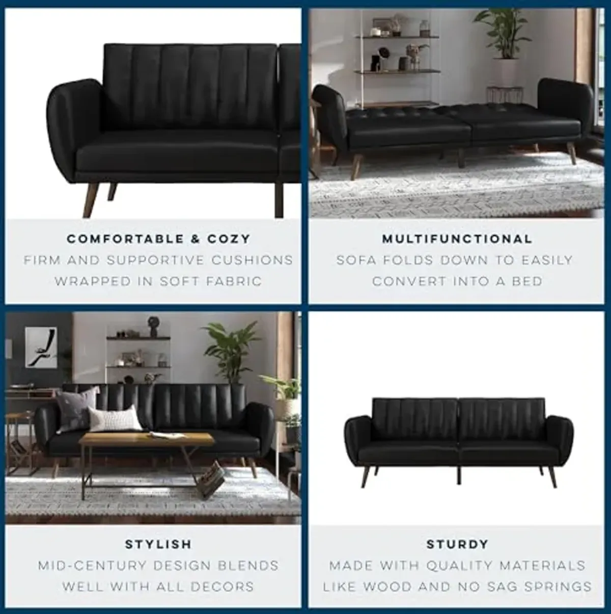 Novogratz Brittany 82 Inch Futon Sofa Bed in Faux Leather, Upholstered Couch Sleeper with Tufted Back, Mid-Century Modern, Black