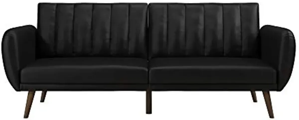 Novogratz Brittany 82 Inch Futon Sofa Bed in Faux Leather, Upholstered Couch Sleeper with Tufted Back, Mid-Century Modern, Black