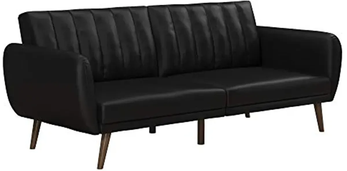 Novogratz Brittany 82 Inch Futon Sofa Bed in Faux Leather, Upholstered Couch Sleeper with Tufted Back, Mid-Century Modern, Black