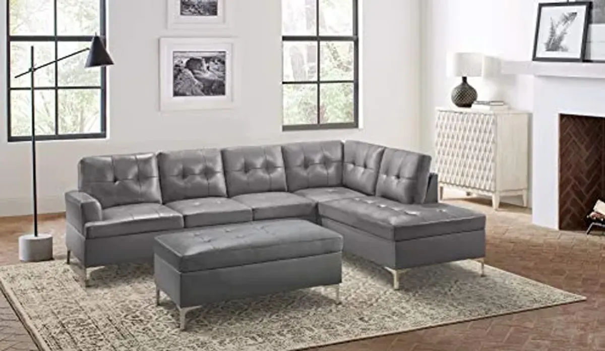 Lexicon Dani 3-Piece Faux Leather Tufted Sectional Sofa with Right Chaise and Ottoman, Gray