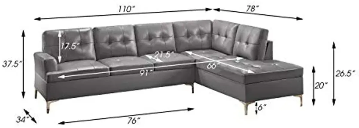 Lexicon Dani 3-Piece Faux Leather Tufted Sectional Sofa with Right Chaise and Ottoman, Gray