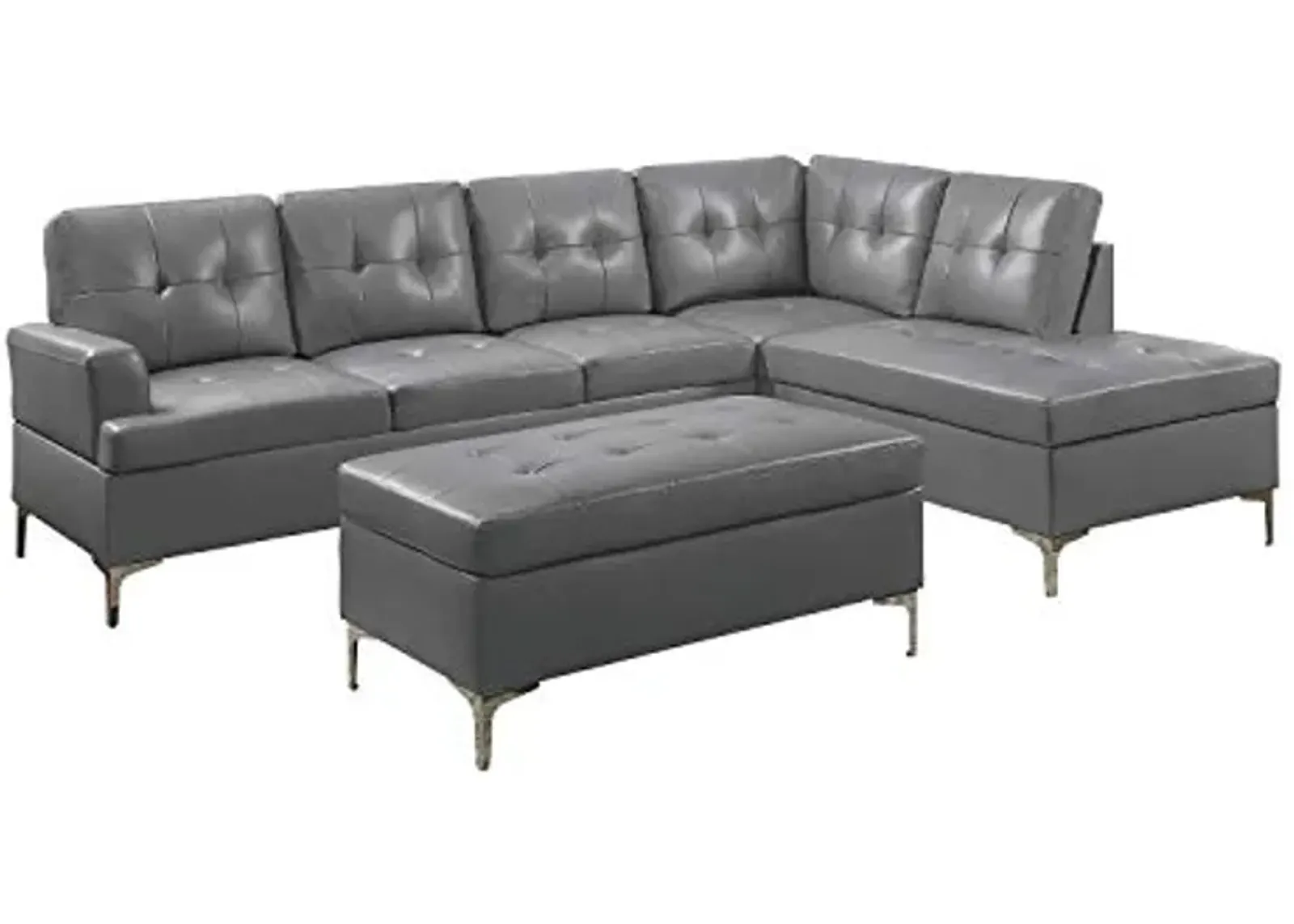 Lexicon Dani 3-Piece Faux Leather Tufted Sectional Sofa with Right Chaise and Ottoman, Gray