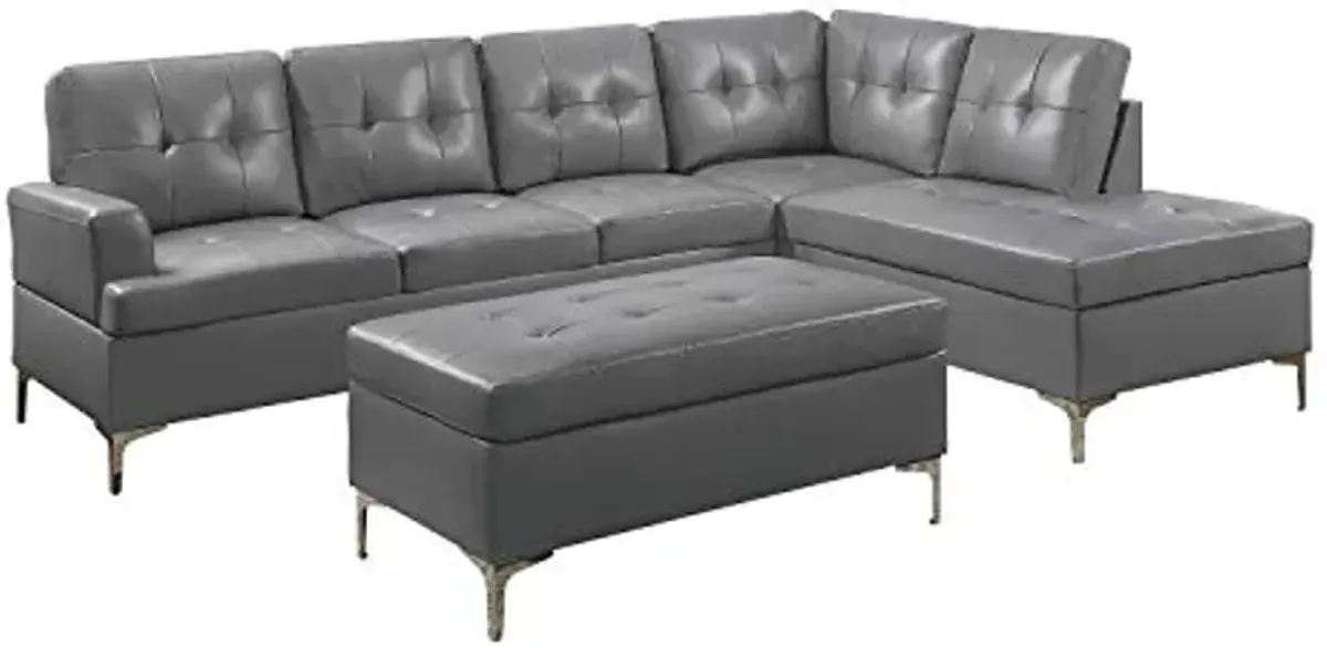 Lexicon Dani 3-Piece Faux Leather Tufted Sectional Sofa with Right Chaise and Ottoman, Gray