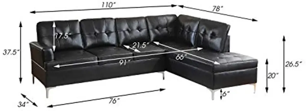 Lexicon Dani 3-Piece Faux Leather Tufted Sectional Sofa with Right Chaise and Ottoman, Black