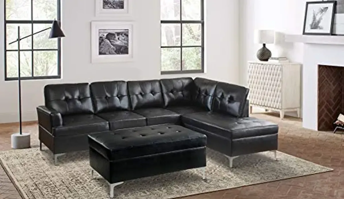 Lexicon Dani 3-Piece Faux Leather Tufted Sectional Sofa with Right Chaise and Ottoman, Black