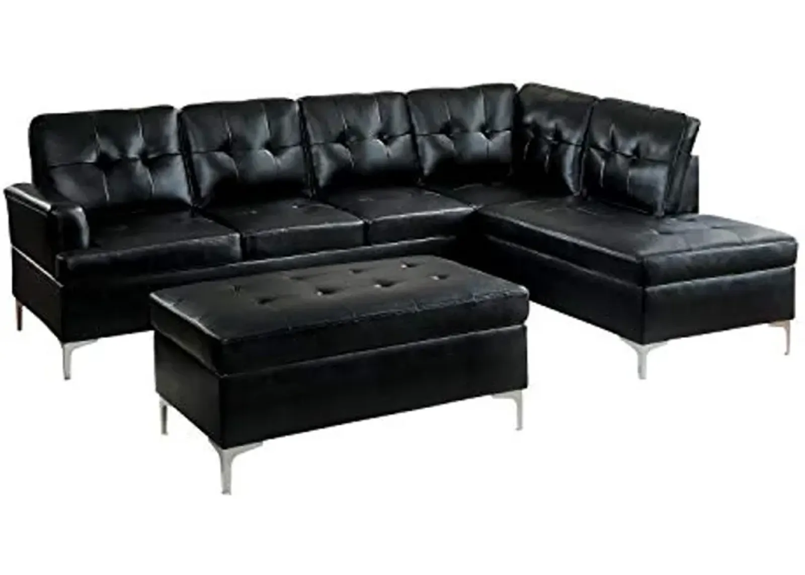 Lexicon Dani 3-Piece Faux Leather Tufted Sectional Sofa with Right Chaise and Ottoman, Black