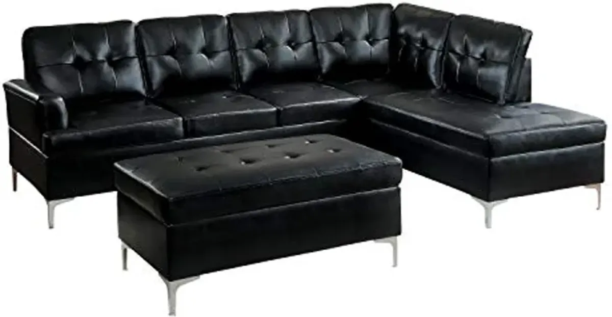 Lexicon Dani 3-Piece Faux Leather Tufted Sectional Sofa with Right Chaise and Ottoman, Black