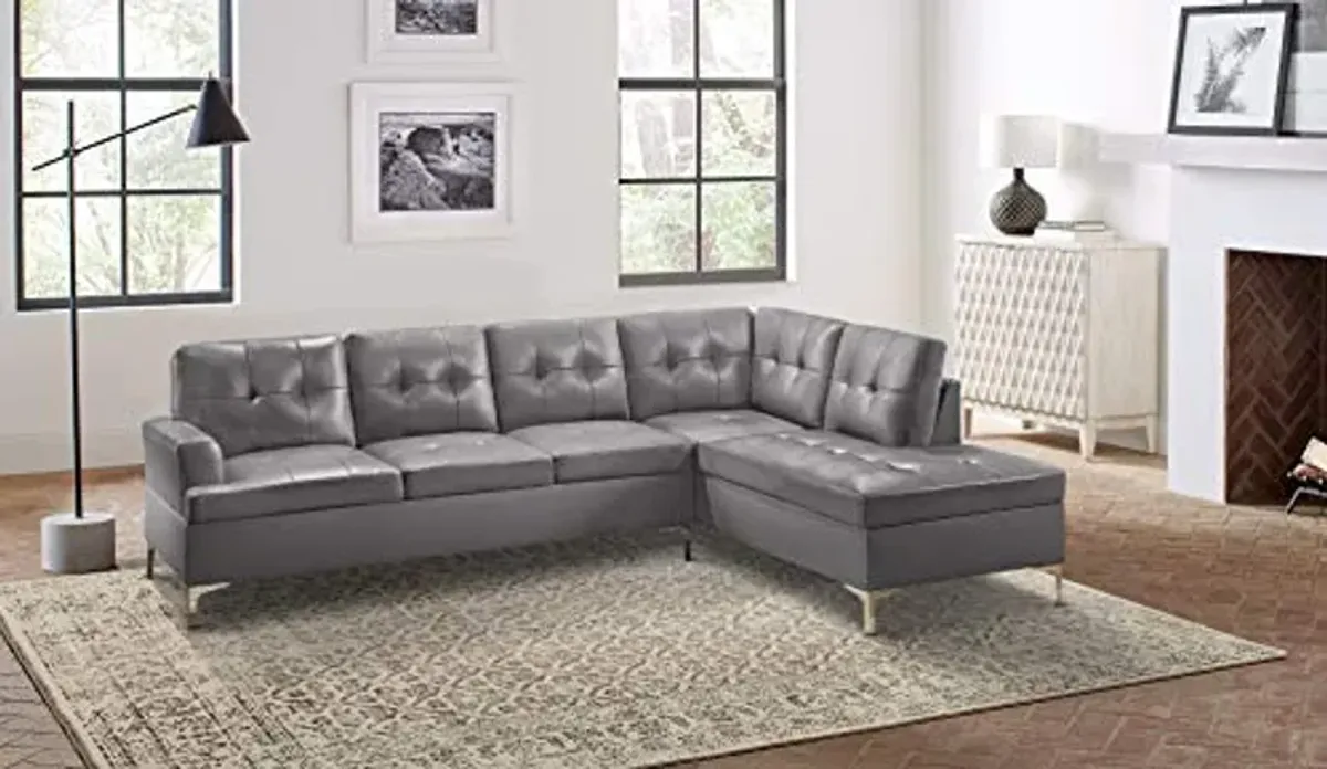 Lexicon Dani 2-Piece Faux Leather Tufted Sectional Sofa with Right Chaise, 110" x 78", Grey