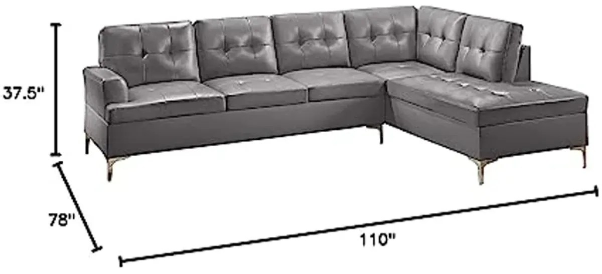 Lexicon Dani 2-Piece Faux Leather Tufted Sectional Sofa with Right Chaise, 110" x 78", Grey