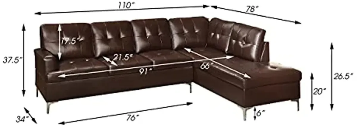 Lexicon Dani 3-Piece Faux Leather Tufted Sectional Sofa with Right Chaise and Ottoman, Brown