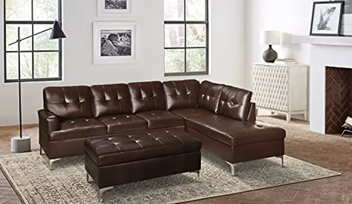 Lexicon Dani 3-Piece Faux Leather Tufted Sectional Sofa with Right Chaise and Ottoman, Brown