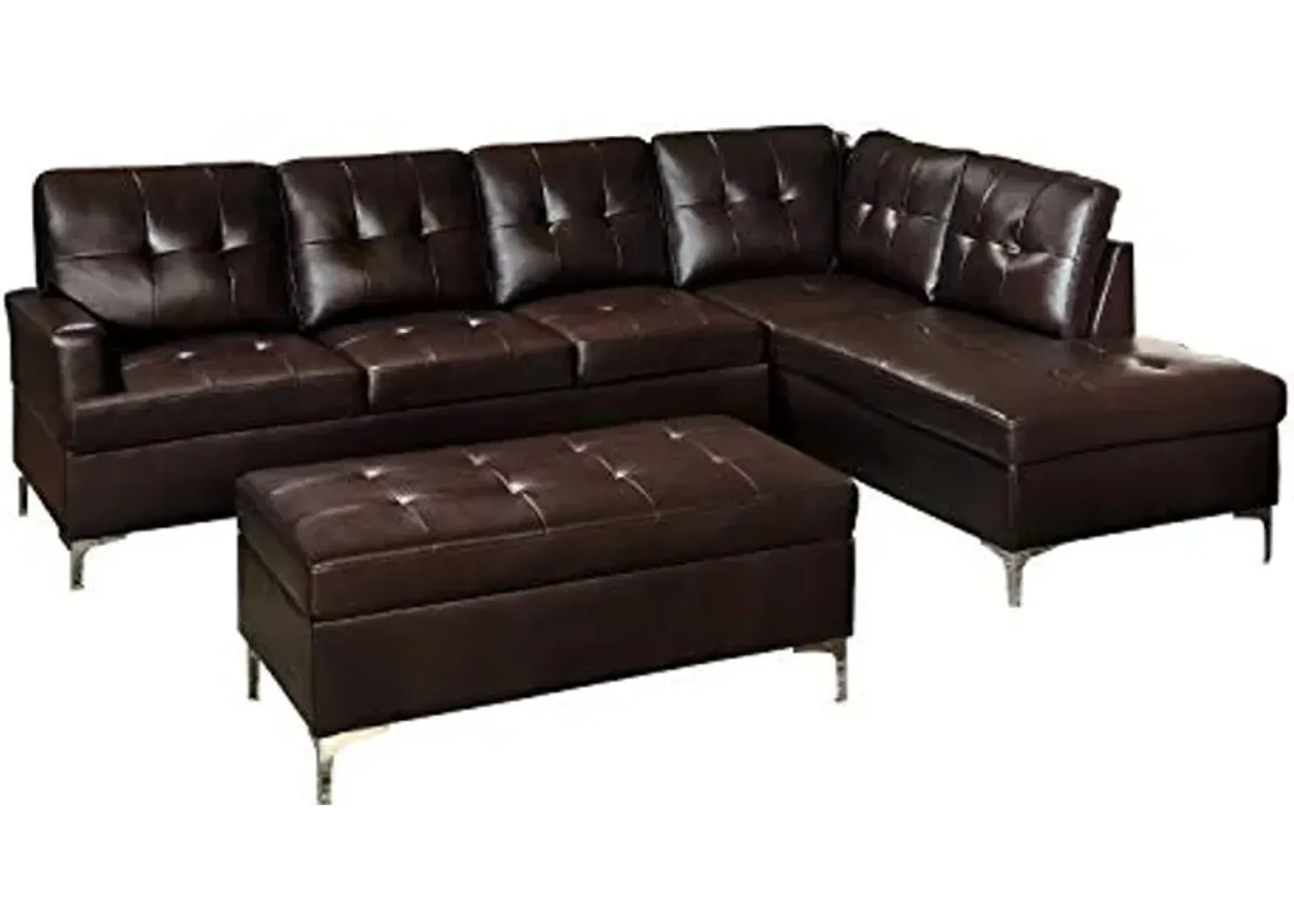 Lexicon Dani 3-Piece Faux Leather Tufted Sectional Sofa with Right Chaise and Ottoman, Brown