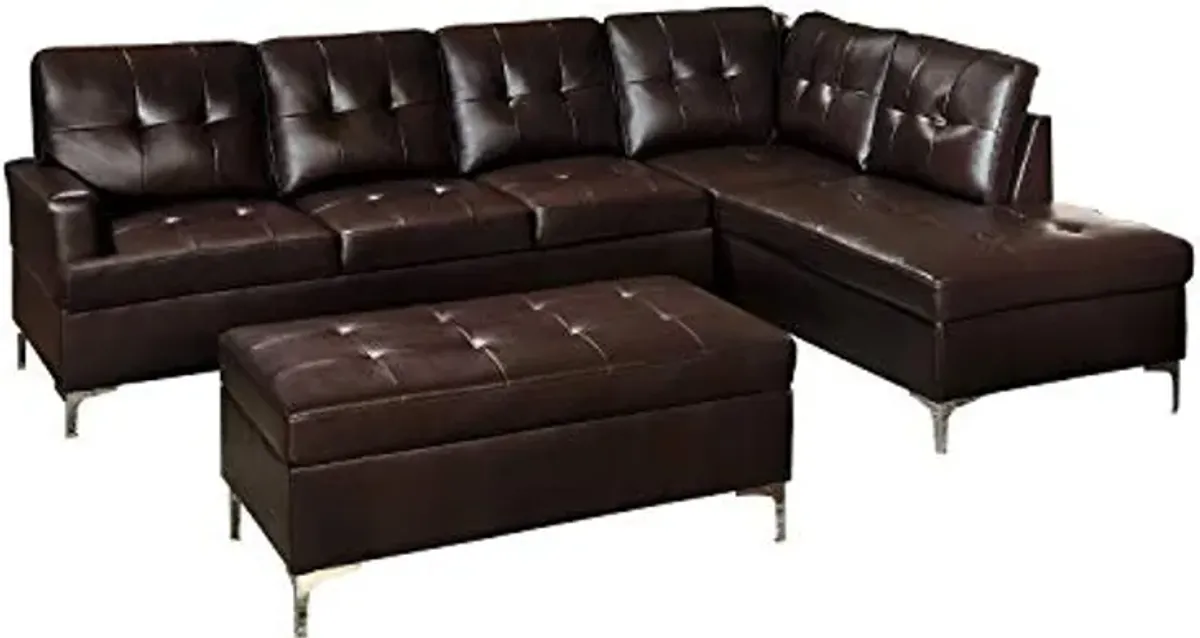 Lexicon Dani 3-Piece Faux Leather Tufted Sectional Sofa with Right Chaise and Ottoman, Brown