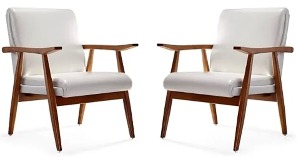 Manhattan Comfort Archduke Mid Century Modern Accent Chair Set of 2, Fully Assembled, Made of Beech Wood Frame, Upholstered in Faux Leather, Ideal for Living Room, Bedroom & Office Use, White