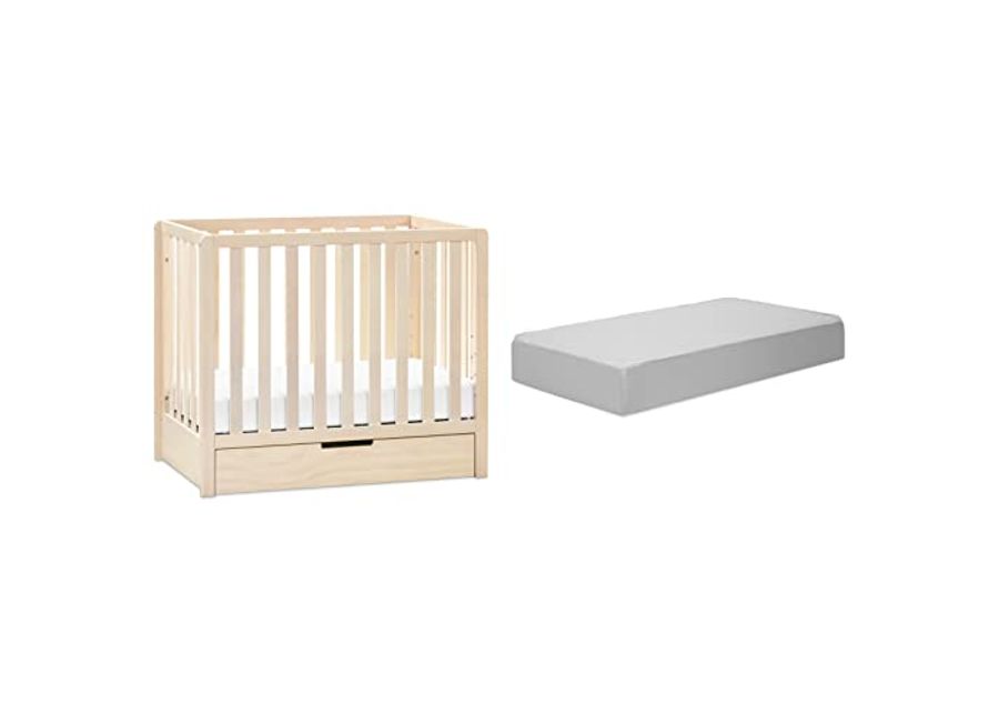 Carter's by DaVinci Colby 4-in-1 Convertible Mini Crib with Trundle in Washed Natural with Complete Slumber Mini Crib Mattress