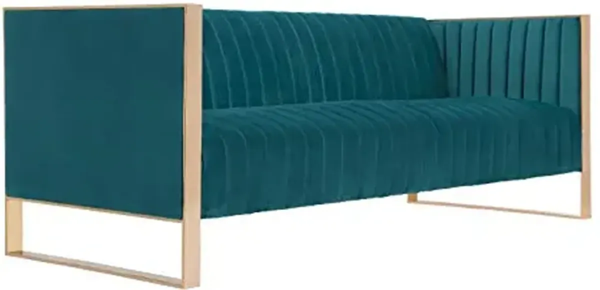 Manhattan Comfort Trillium Velvet Loveseat for Living Room, High-Density Foam, Vertical Channeling, Gold Stainless Steel Frame, No Assembly Required, Teal