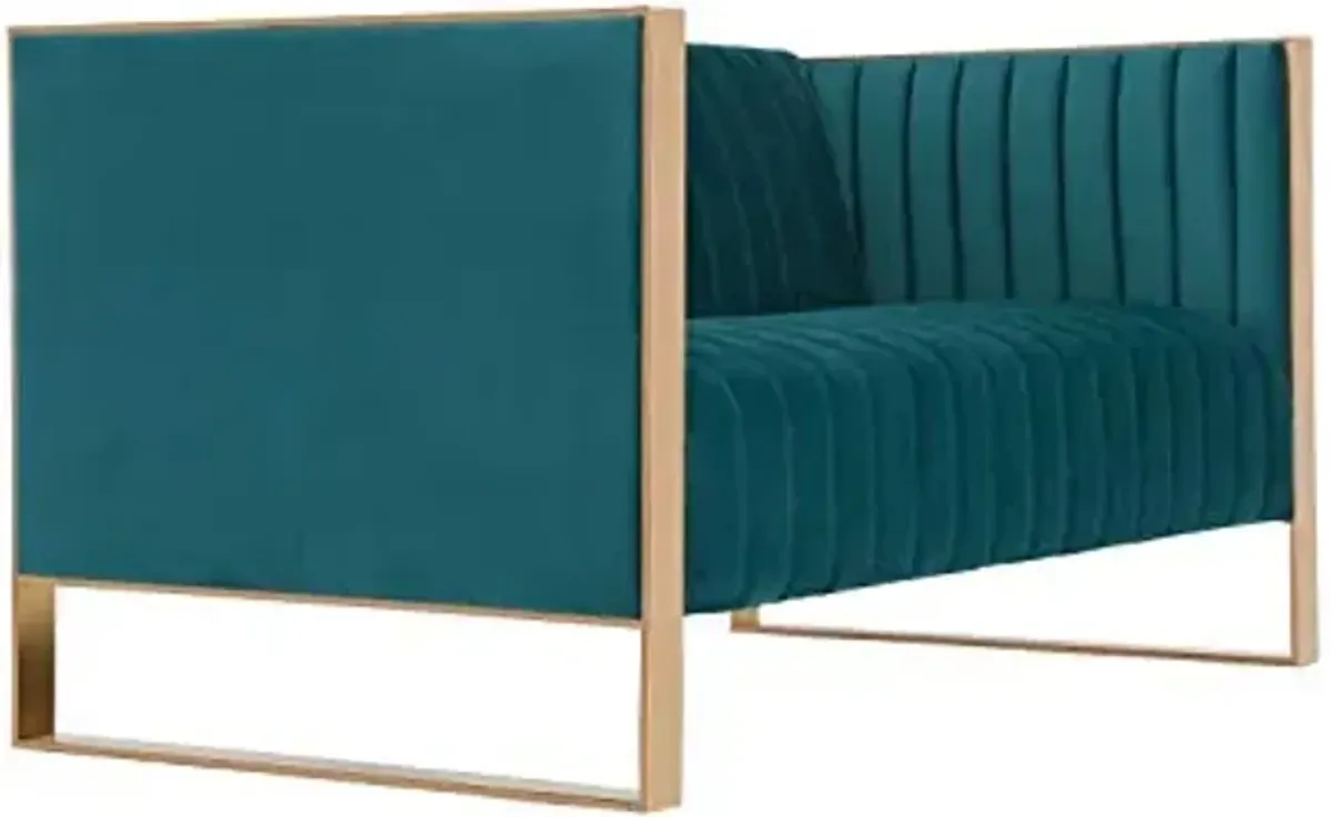 Manhattan Comfort Trillium Velvet 57" Velvet Loveseat for Living Room, High-Density Foam, Vertical Channeling, Gold Stainless Steel Frame, No Assembly Required, Set of 1, Teal