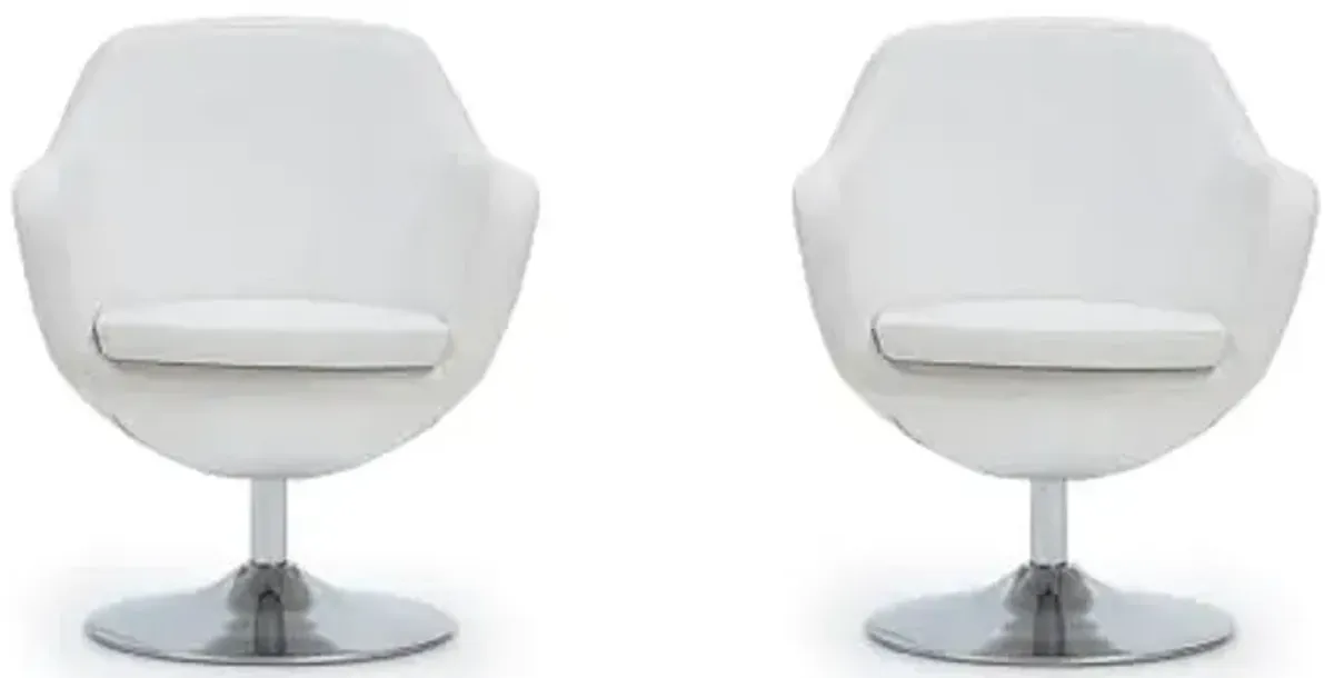 Manhattan Comfort Caisson Swivel Accent Chair Set of 2 with 360° Turn, Hand Upholstered Faux Leather & Polished Chrome, Removable Cushion, Modern Design for Office & Living Room, White Faux