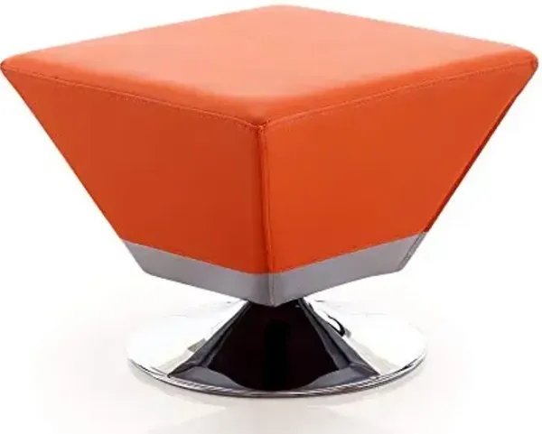 Manhattan Comfort Diamond 360° Swivel Ottoman, Faux Leather Upholstery, Beveled Square Top with Stylish Chrome Base, Fully Assembled Modern Accent Foot Stool, Small, Orange