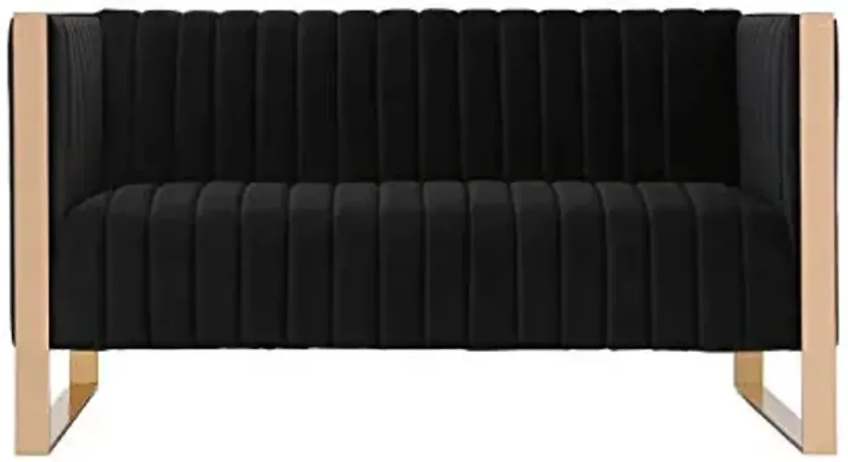 Manhattan Comfort Trillium Velvet 57" Velvet Loveseat for Living Room, High-Density Foam, Vertical Channeling, Gold Stainless Steel Frame, No Assembly Required, Set of 1, Black