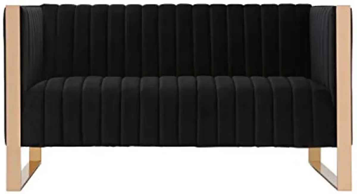 Manhattan Comfort Trillium Velvet 57" Velvet Loveseat for Living Room, High-Density Foam, Vertical Channeling, Gold Stainless Steel Frame, No Assembly Required, Set of 1, Black