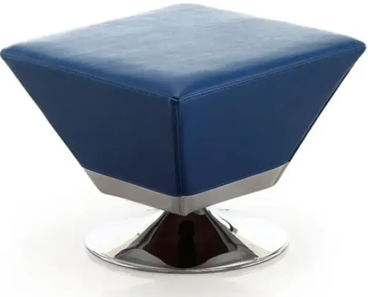 Manhattan Comfort Diamond 360° Swivel Ottoman, Faux Leather Upholstery, Beveled Square Top with Stylish Chrome Base, Fully Assembled Modern Accent Foot Stool, Blue