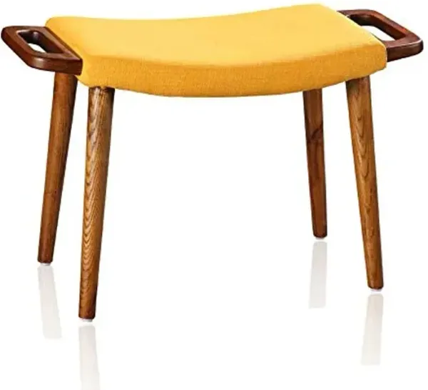 Manhattan Comfort Geta Ottoman with Antique Walnut Ash Wood Frame, Mid-Century Modern Vanity Stool, Durable Stain Resistant Linen Upholstery, Easy Mobility with Handles, Fully Assembled, Yellow