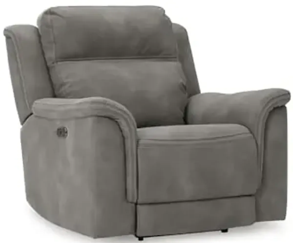 Signature Design by Ashley Contemporary Next-Gen DuraPella Power Recliner with Adjustable Headrest, One-Touch Control, Water Repellent Faux Leather, Gray