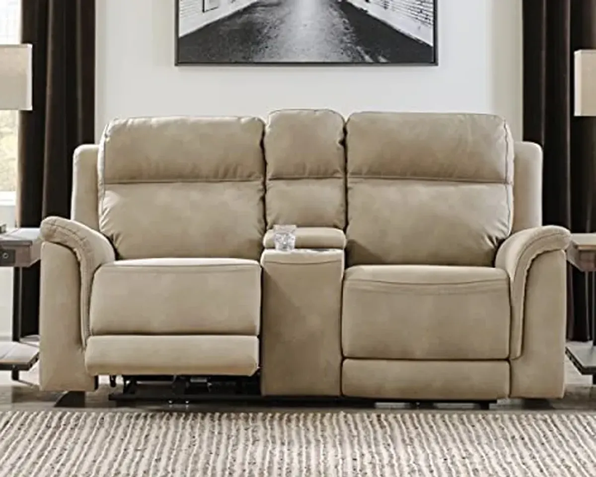 Signature Design by Ashley Next-Gen DuraPella Power Reclining Loveseat with Center Console and Adjustable Headrest, Beige