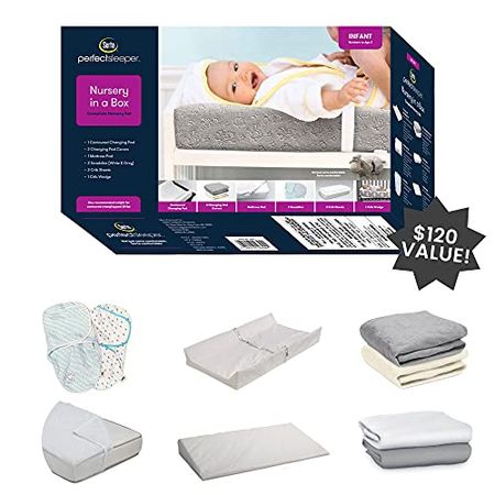 Serta 9-Piece Nursery-in-a-Box Newborn Baby Gift Set for Boys and Girls – Set Includes 2 Swaddles, Changing Pad, 2 Changing Pad Covers, 2 Crib Sheets, Crib Mattress Pad and Crib Wedge, White/Grey