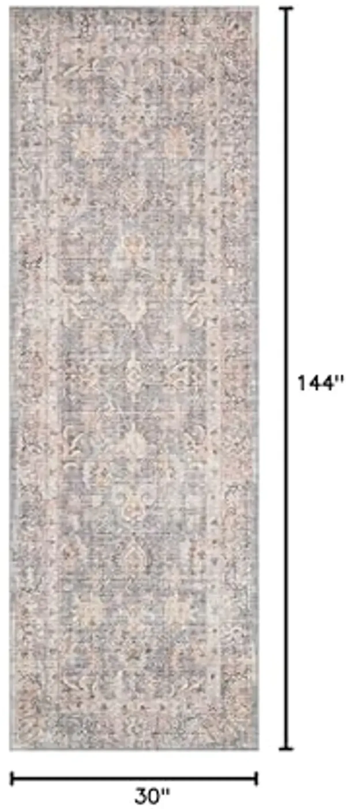 Loloi II Skye Collection SKY-01 Grey / Apricot 2'-6" x 12'-0", .13" Thick, Runner Rug, Soft, Durable, Vintage Inspired, Distressed, Low Pile, Non-Shedding, Easy Clean, Printed, Living Room Rug