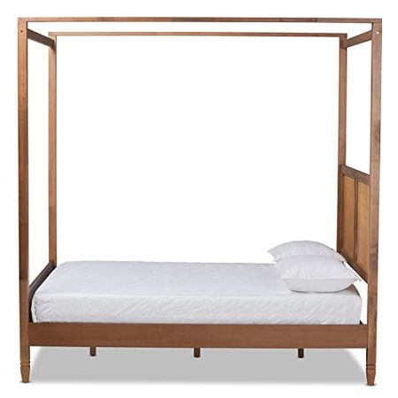 Baxton Studio Malia Modern and Contemporary Walnut Brown Finished Wood and Synthetic Rattan King Size Canopy Bed